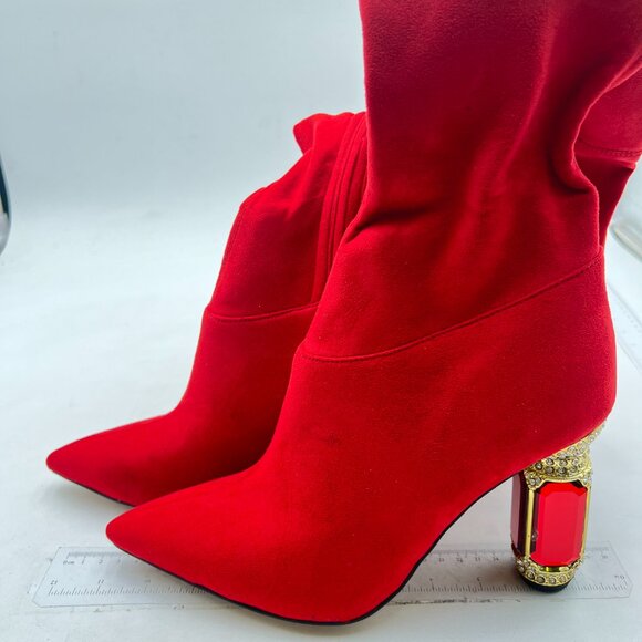 FSJ Red Over The Knee Boot Crystal Chunky High Heel Stretch Thigh High Long Boot - Picture 4 of 8